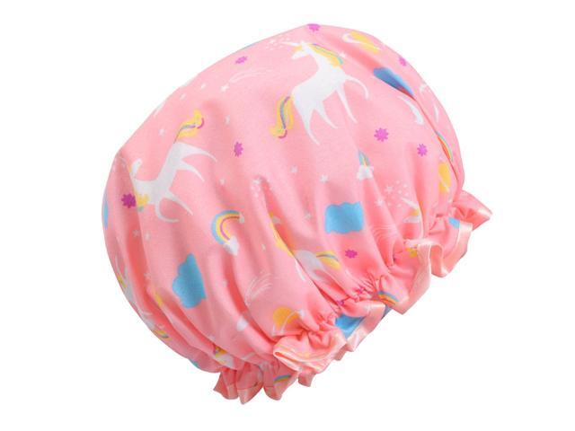 Cartoon Bath Hat Double Layer Shower Hat Waterproof Shower Cap Oliproof Kitchen Hat (Pink Unicorn)