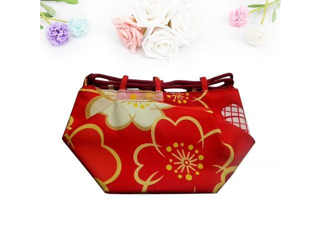 Japanese Style Handbag Portable Lightweight Cherry Patterned Drawstring Pouch Coin Cosmetic Purse (Red)