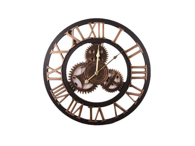 40cm 3D Gear Wooden Wall Clock Vintage Handmade Retro Roman Numerals Silent Sweep Non-ticking Decorative for Living Room Office Bar Home Decor Gift