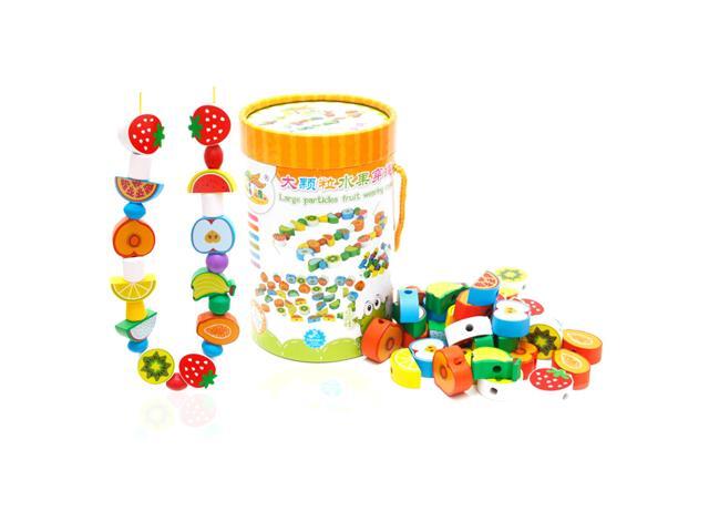 70Pcs Wooden Fruits Stringing Beads Lacing Bead Game Early Educational Blocks Toy for Kids Children Toddlers