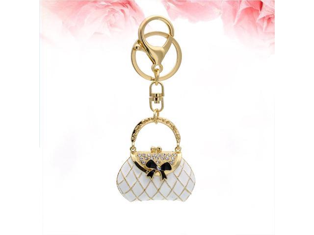 Handbag Shape Rhinestone Keychain Car Keyring Purse Bag Pendant Decoration Hanging Ornament Creative Gift (Golden White)