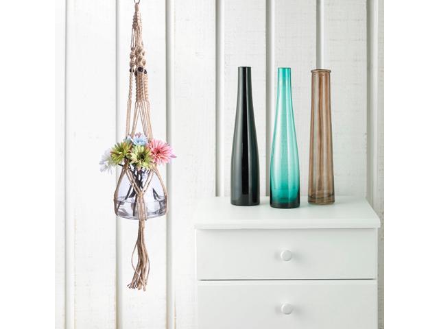 Delicate Macrame Plant Hanger Indoor Outdoor Hanging Planter Wall Art Cotton Rope for Round and Square Pots (Wood Circle Double Beads)