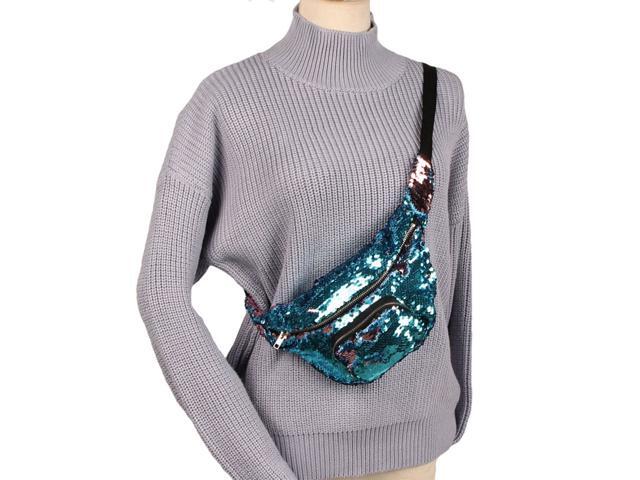Sequin Waist Bag Magic Reversible Sequin Waist Pack Double Color Hip Pack Belt Bag for Outdoor Sports Travel Party(Navy and Pink)
