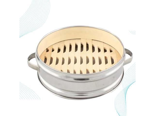 Two Handles Stainless Steel Steamer Basket Bamboo Bottom Steam Rack Portable Steamer Box for Steamed Buns Kitchen (20cm)