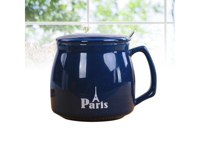 380ml Vintage Ceramic Mug Coffee Milk Cup Tea Cup with Cover and Spoon for Home Office Cafe (Paris)