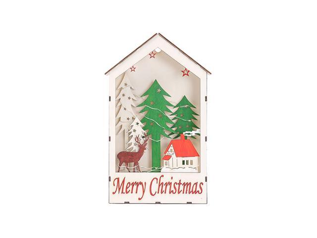 Chrsitmas Decorations Wooden Window Shape House Tree Elk Battery Led Light Hanging Ornaments for Christmas Festival Party Props Bedroom Gift(Forest