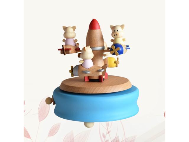 1PC Rotary Musical Box Cartoon Pig Toy Wood Music Box Spinning Pig Melody Box Festival Gift for Kids Sky-blue