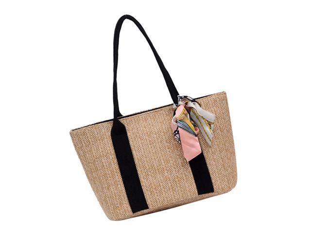 Khaki Starw Weaving Handbag Multifunctional Casual Tote Bag Beach Bag Fashion Large Capacity Shoulder Pouch with Ribbon for Lady Girls(Random