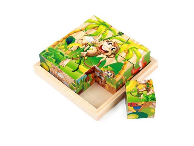9Pcs Children's Puzzle Toy Wooden Jigsaw Six Sides Draw 3D Three-dimensional Blocks (Forest Animals)