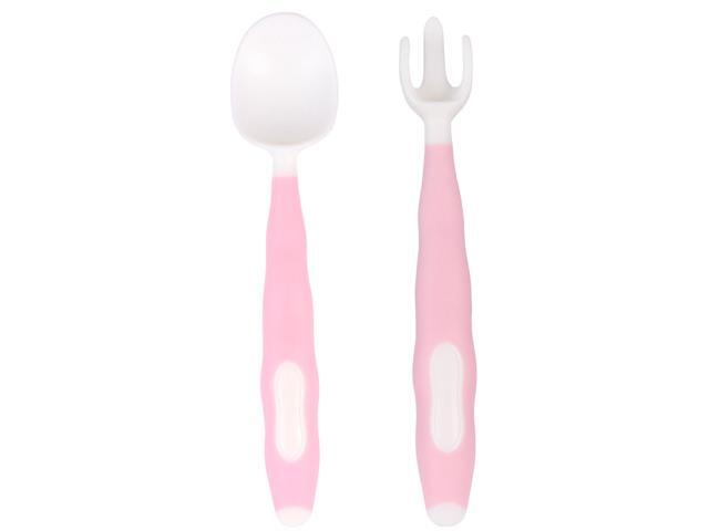 2pcs in 1 Set Baby Food Supplement Feeding Tableware Fork Spoon Combination Set Practice Feeding Tools for Infant Baby(Pink)