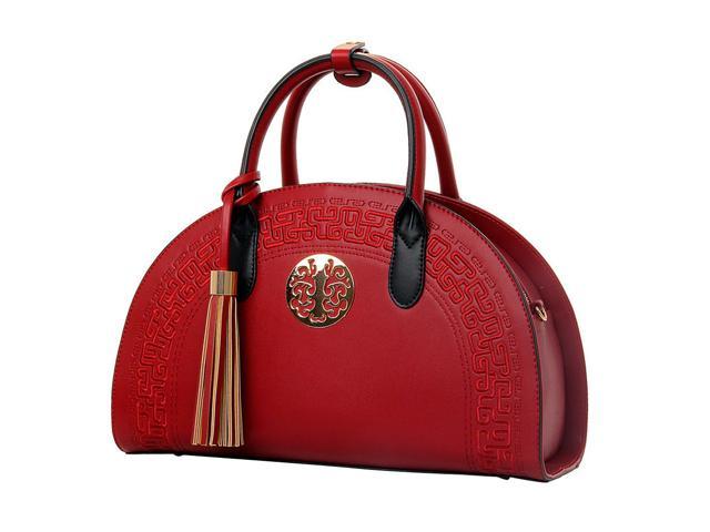 Women's Tote Handbag Chinese Vintage Shoulder Bag Female Shell Bag with Tassel (Wine Red)