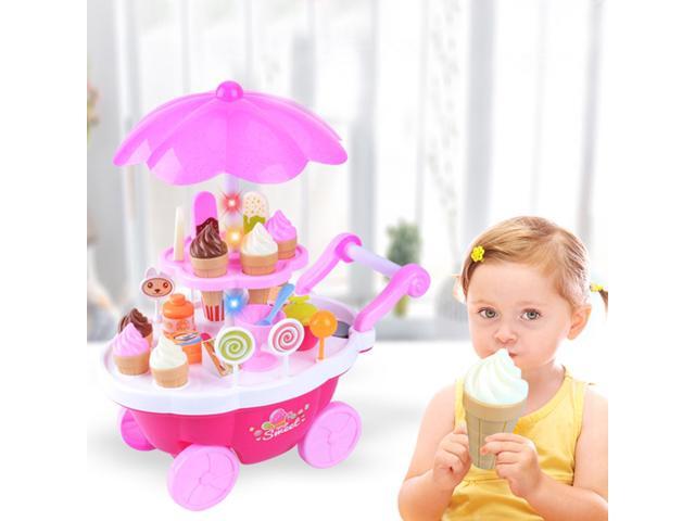 1 Set Kids Simulation Candy Ice Cream Trolley Mini Pusher Car Toy Candy Ice Cream Supermarket Music Kids Pretend Play Toy (Pink)