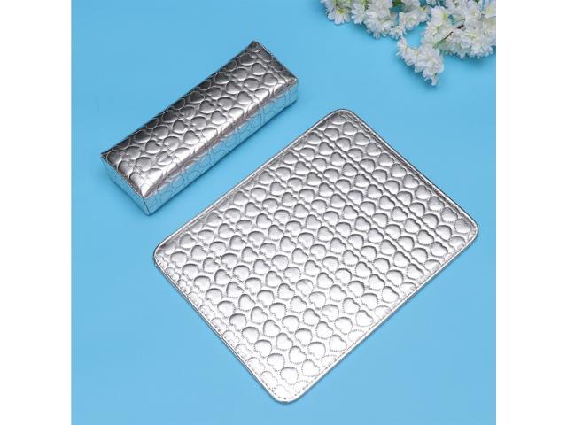 Square Nail Salon Cushions Set Heart Pattern Hand PU Leather Manicure Wrist Rest (Silver)