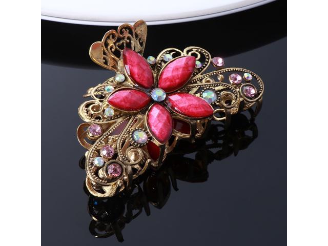 Large Floral Hair Claw Clip Vintage Drill Hair Clamp Jaw Hairgrip for Women and Girls (Red)