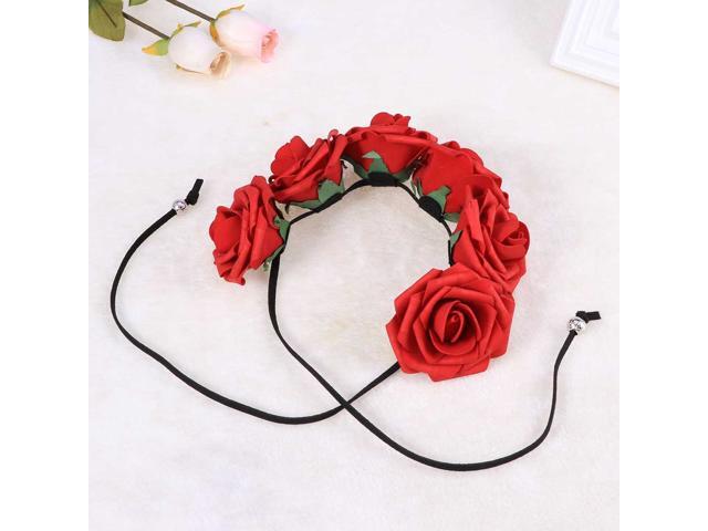 Foam Rose Bridal Flower Floral Headband Headpiece Headdress Crown Hair Wreath With String for Festival Party Wedding (Red)