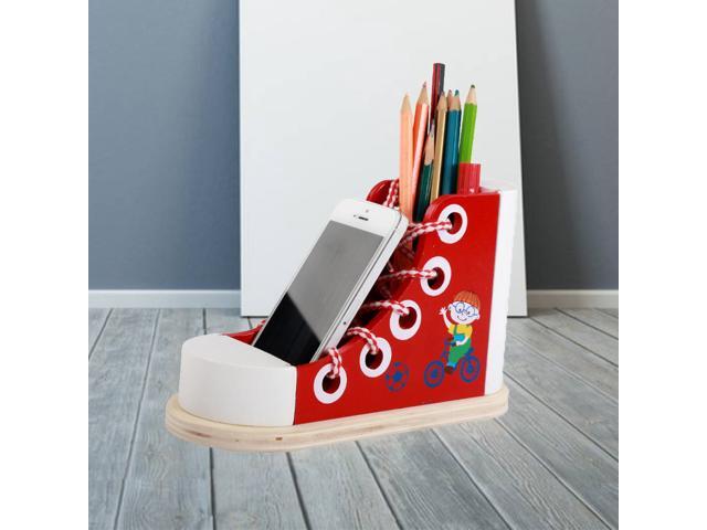 Kids Wooden Practice Lace Up Tie Shoe Threading Educational Teaching Toys Pen Container (Red)