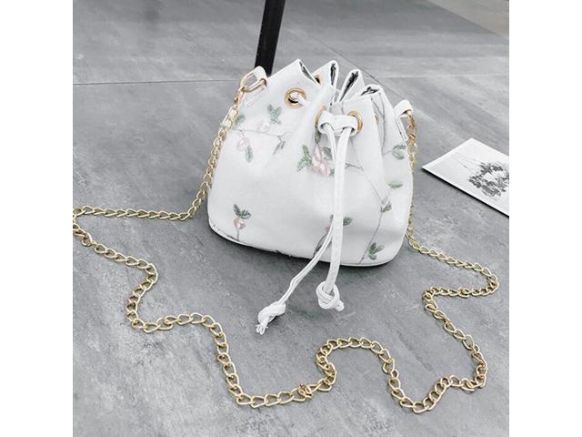 Fashion Flowers Lace Embroidery Drawstring Bucket Bag Shoulder Bag Purse (White)