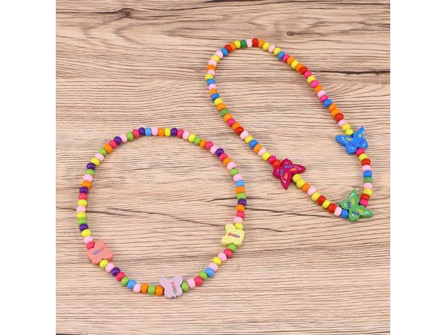 6pcs Fashion Cute Children Jewelry Sets Wooden Lover Heart Beads Necklace Bracelet Jewelry Set for Girls Baby Gift(White Rabbit Bee Butterfly)