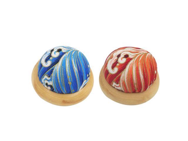 2 Pcs Japanese Style Wooden Base Pin Cushion Lovely Wave Printing Needle Cushion DIY Handcraft Sewing Tool Supplies(Blue Red Style)