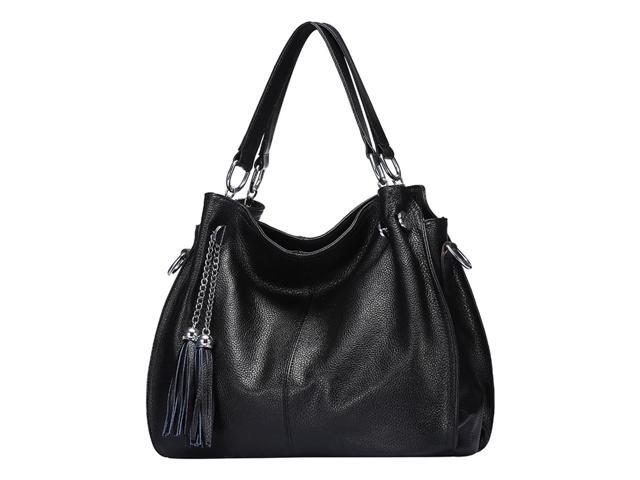 Women's Casual Handbag Large Crossbody Bag Exquisite Split Leather Shoulder Bag (Black)
