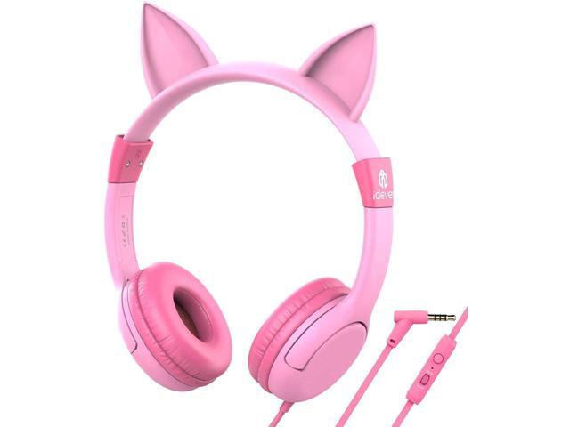 iClever HS01 Kids Headphones with Mic Food Grade Safe Volume limited 85/94dB Cat Ear Pink Headphones for Kids Girls Boys Wired Children