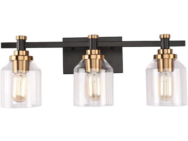 Create for Life 3-Light Bathroom Vanity Light Industrial Wall Sconce Bathroom Lighting Matte Black Finish Brushed Gold Copper Accent Socket Clear