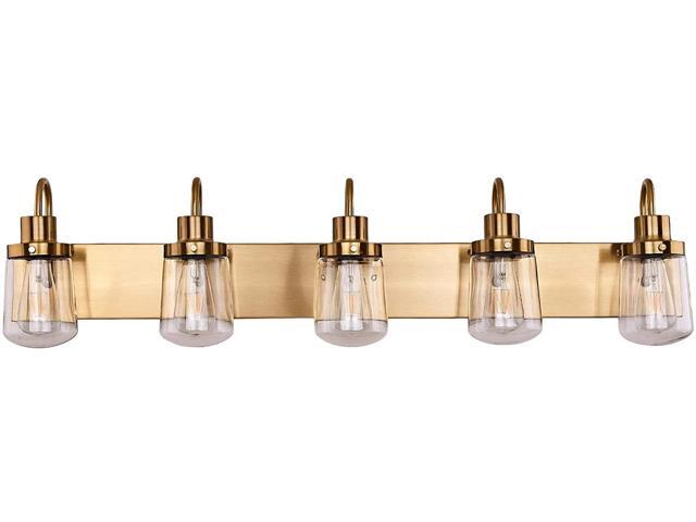 YAOHONG Modern Bathroom Vanity Light 5-Lights Lamp in Brushed Brass Farmhouse Wall Light Fixture with Clear Glass Shades Indoor Wall Lamp