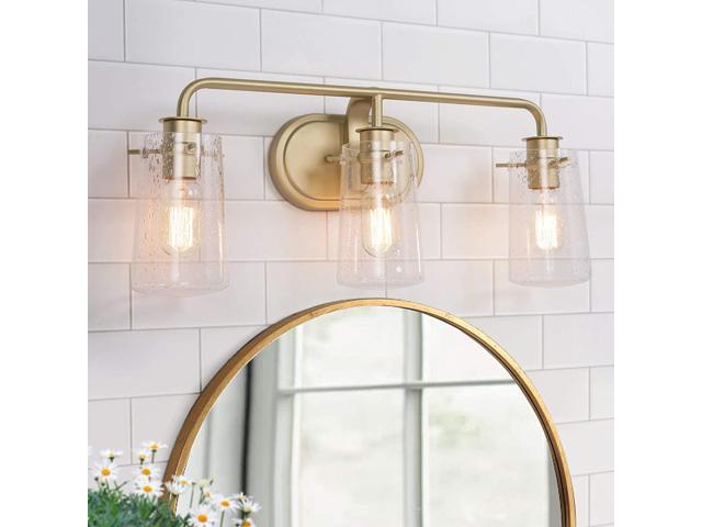 Durent Lighting Gold Vanity Light 3 Lights Gold Bathroom Light Fixture with Seeded Glass 22 1/2