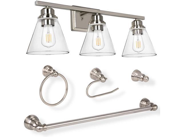 3-Light Vanity Light Fixture 5-Piece All-in-One Bathroom Set (E26 Bulb Base) Brushed Nickel Wall Sconce Lighting with Glass Shads ETL Listed