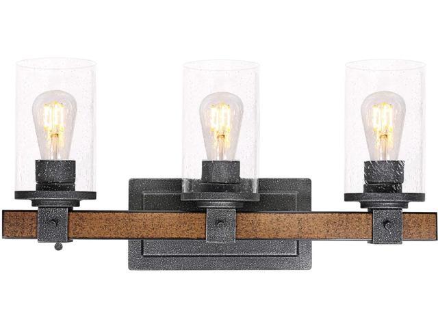 3-Light Farmhouse Vanity Light 22 inch Industrial Bathroom Light Fixture with Seeded Glass Shades Faux Wood Metal Wall Sconce for Bathroom