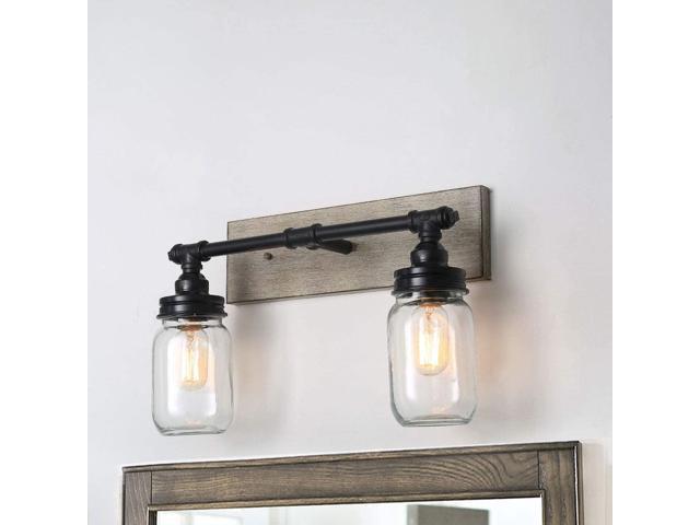 LALUZ Faux-Wood Bathroom Light Fixtures Farmhouse 2 Vanity Light with Mason Jar Shades (Black Finish)