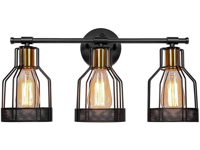 3-Light Industrial Bathroom Vanity Light Farmhouse Style Metal Cage Vintage Vanity Wall Sconce Lighting Black & Gold E26 Edison Rustic Wall Light