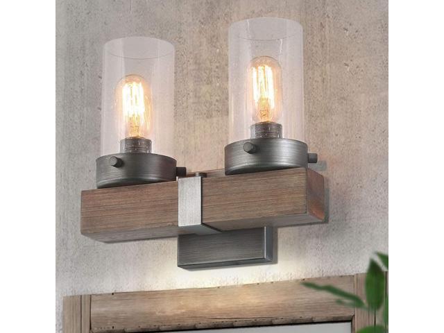 LOG BARN Retro Wall Sconce in Real Distressed Wood and Brushed Antique Silver Finish with Cylindrical Bubbled Glass Shades Small 118' Vanity