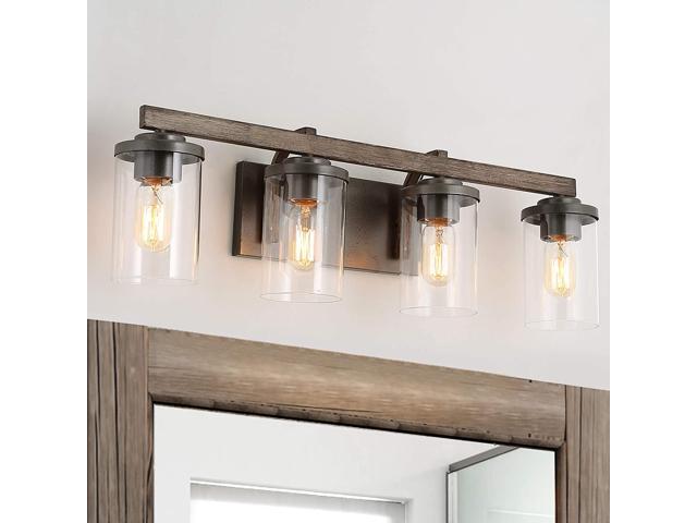 Bathroom Vanity Light Fixture 4-Light Farmhouse Bathroom Light Fixture with Clear Glass Shades Faux Wood Finish 28 Inches