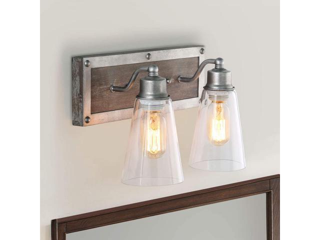 LOG BARN 2 Lights Bathroom Lighting in Real Distressed Wood and Brushed Antique Silver Finish with Cone Clear Glass Shades 141' Vanity Light Fixture