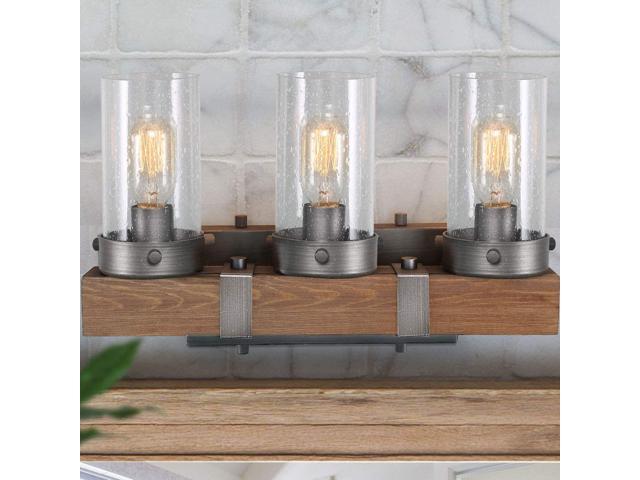 LOG BARN Farmhouse Rustic Bathroom Vanity Light Wall Light Fixture 3 Lights in Wood and Cylindrical Bubbled Glass