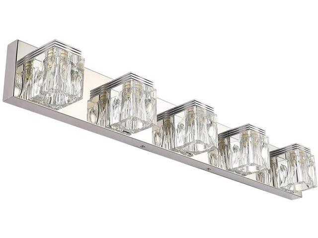RALBAY LED Modern Bathroom Vanity Lights 5 Lights Crystal Glass Stainless Steel Bathroom Vanity Lights Fixtures Over Mirror LED Modern Crystal