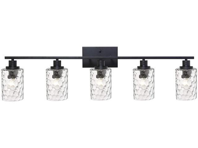 MELUCEE 5-Light Bathroom Lighting Fixtures Over Mirror 40 Inches Length Contemporary Black Vanity Light Industrial Wall Lamp with Clear Hammered