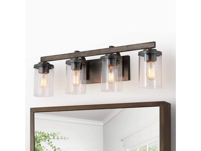 Farmhouse Vanity Light Fixtures 4-Light Bathroom Vanity Lights Rustic Bathroom Lighting with Clear Glass Shades in Faux Wood Finish 28