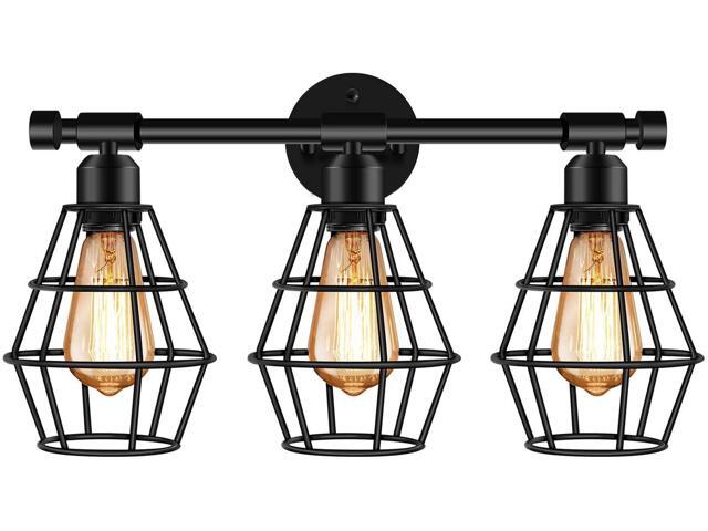 3-Light Industrial Bathroom Vanity Light Farmhouse Style Metal Cage Vintage Vanity Wall Sconce Lighting E26 Edison Black Rustic Wall Light Fixture