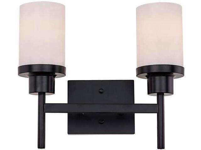 YIKOLUZ Farmhouse Light 2 Light Modern Bathroom Vanity Light Fixtures in Black Bathroom Wall Sconce with White Opal Glass Shade for Bedroom Long
