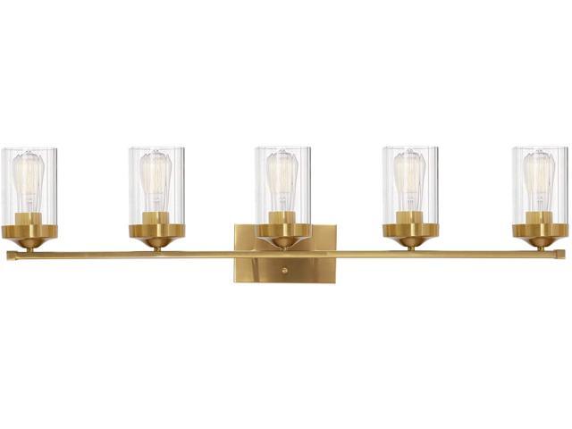 ELUZE 5-Light Bathroom Vanity Light Contemporary Brushed Brass Bathroom Lighting Finish with Clear Ribbed Glass Wall Sconce Lighting Fixtures for