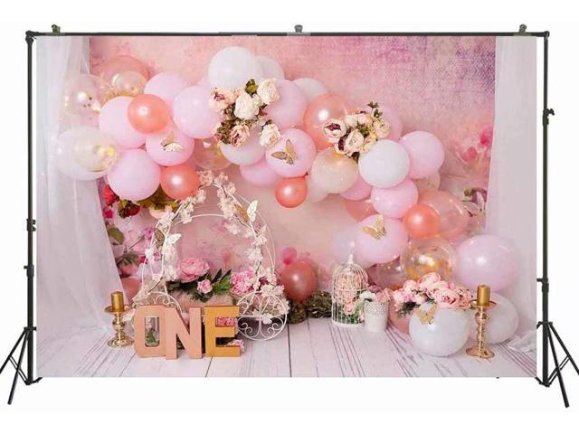 Baby Girl One Year Cake Smash Portrait Background Spring First Birthday Photography Backdrop Pink Balloons Arch Floral Flower candlesticks