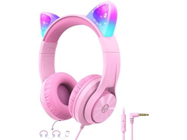 Cat Ear Led Light Up Kids Headphones with Microphone iClever HS20 Wired Headphones -Shareport- 94dB Volume Limited Foldable Over-Ear Headphones
