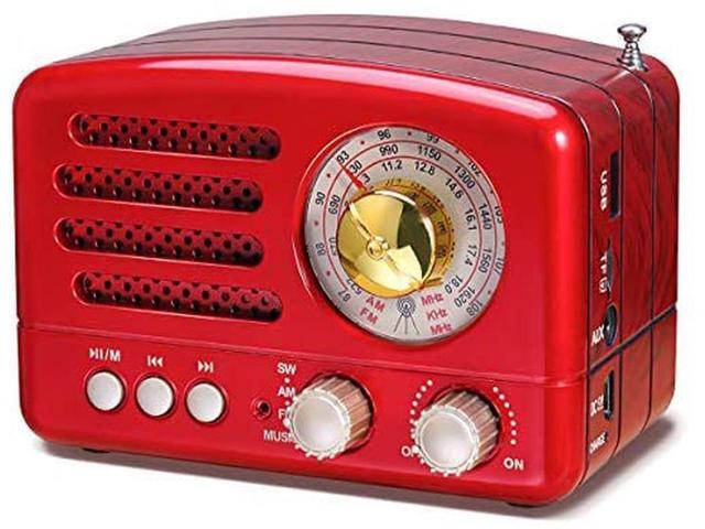 PRUNUS J-160 Transistor AM FM Radio Small Portable Retro Radio with Bluetooth Rechargeable Battery Operated Support TF Card AUX USB MP3 Player (Red)