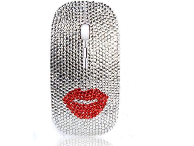 Bling Wireless Mouse for Girls Austrian Crystal Rhinestone Coverd Computer Mouse with USB Receiver Sparkly Red Lips Flat Mice for Notebook PC