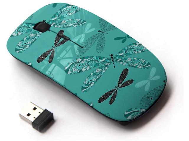 Planetar Wireless 24G Computer Laptop Mouse Mice/Turquoise and Black-White Vintage Dragonflies
