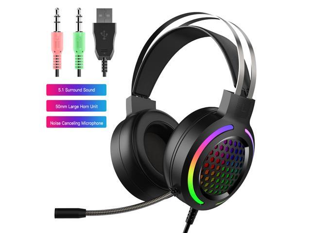 Gaming Headset with 71 Surround Sound PC Lightweight Headset with Noise Canceling Mic Bass Surround Soft Memory Earmuffs Rainbow LED Backlit for