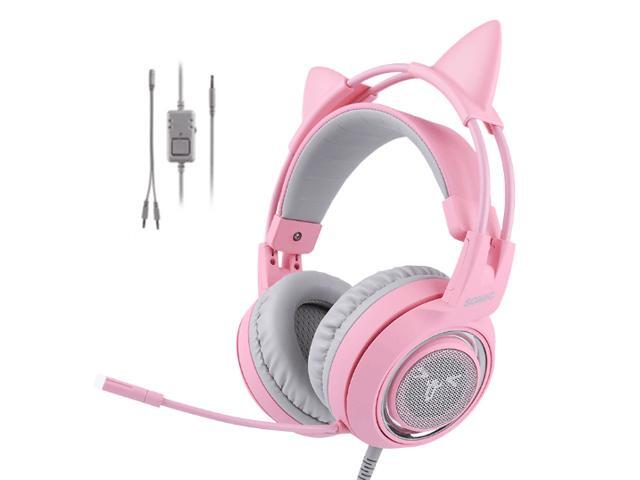 SOMIC Pink Stereo Gaming Headset with Mic for PS4 Xbox One PC Mobile Phone 35MM Sound Detachable Cat Ear Headphones Lightweight Self-Adjusting