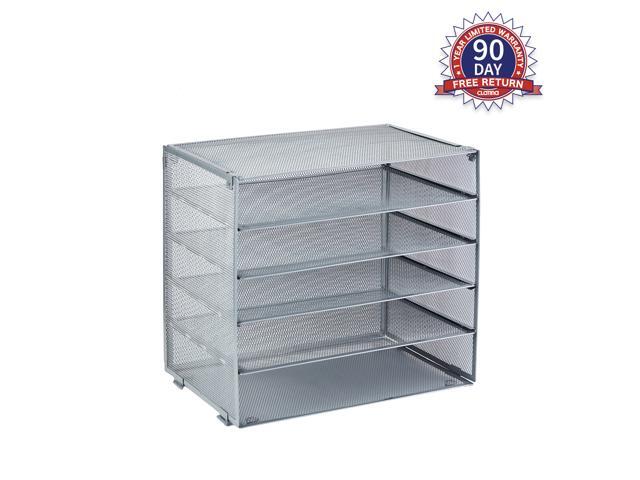 CLATINA 5-Tier Desk File Organizer with Metal Mesh Paper Letter Trays for Home Office (Gray 2 Pack)